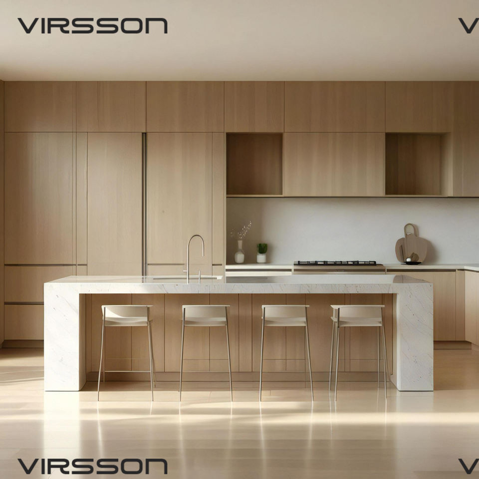 Solid Wood Texture Kitchen Cabinets Modern Stone Pattern Island Modular ...