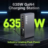 Chargeur mural GaN4 635W 5 ports USB 2 câbles Type-C intégrés Bloc de charge rapide multi-ports Max 140W PD Chargeur pour ordinateur portable et téléphone