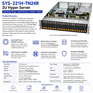 Serveur Supermicro Sys-221h-tn24r 2U, double Xeon, DDR5, 24 baies NVMe SAS PCIe 5.0, GPU, centre de données IA, Sys-221h-tn24r, Sys-221h-tn24r-g - Product Image 1