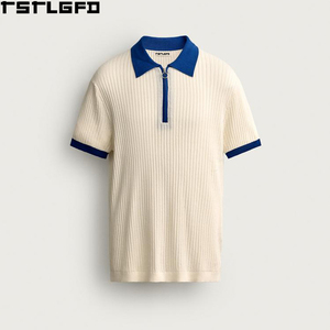 เสื้อโปโลถักคอซิปแบบควอเตอร์ซิปสำหรับผู้ชาย สีครีม กรมท่า คอเสื้อตัดสี แขนสั้น ผู้ผลิตเสื้อโปโลชาย ขายส่งจำนวนมาก - Product Image 1