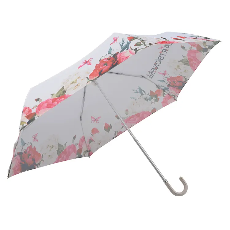 Payung Lipat Ringkas Kecil Pegangan Melengkung PU Putih Ringan Payung Gaya Jepang Tahan Sinar Matahari untuk Wanita