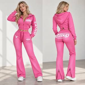 Ensemble survêtement Y2K décontracté pour femme : sweat à capuche court zippé et pantalon évasé imprimé lettres, tenue de sport deux pièces - Product Image 1