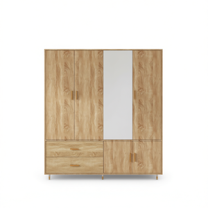 Armoire en bois 63 pouces de large, 4 portes, 2 tiroirs, miroir, meuble de chambre moderne, armoire autoportante, rangement, organisation - Product Image 1