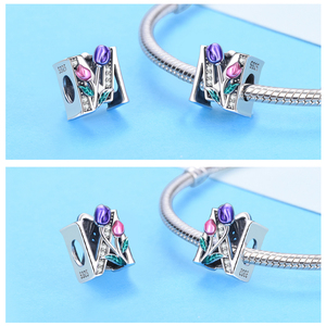 Capital Letter A-Z <strong>Charm</strong> 925 Sterling Silver Pink Purple Tulips Letter Enamel Initial Bead Alphabet <strong>Charm</strong> for Original Bracelet - Product Image 3