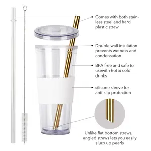 Wholesale Double Wall Tumbler 700ml 24oz Logo Print Plastic Boba Cups With Lid And Straw
