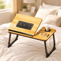 Table pliable en bois pour ordinateur portable avec ventilateurs de refroidissement, 5 réglages de hauteur, inclinaison réglable, plateau portable pour bureau à domicile