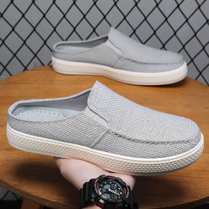 Retro-style casual half-slipper with plain-colored jute upper, breathable and comfortable men's <b>shoes</b> for summer. - Product Image 5