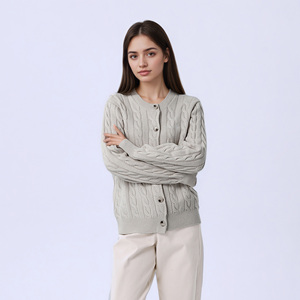 Cardigan da <span class=keywords><strong>Donna</strong></span> OEM ODM a Maniche Lunghe con Collo a O e Orlo a Costine, 100% Lana Lavorata a <span class=keywords><strong>Maglia</strong></span> - Product Image 3