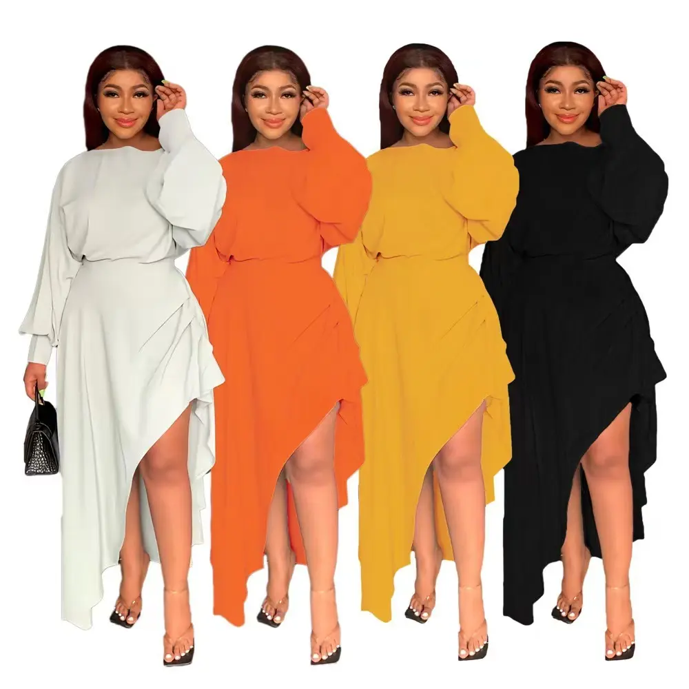 J&H fall 2022 women clothes solid color long sleeve loose Collect waist dress ladies casual irregularity Side Slit dress