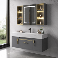 Meuble-lavabo mural gris de luxe moderne avec vasque et miroir LED pour projets hôteliers et d'appartements