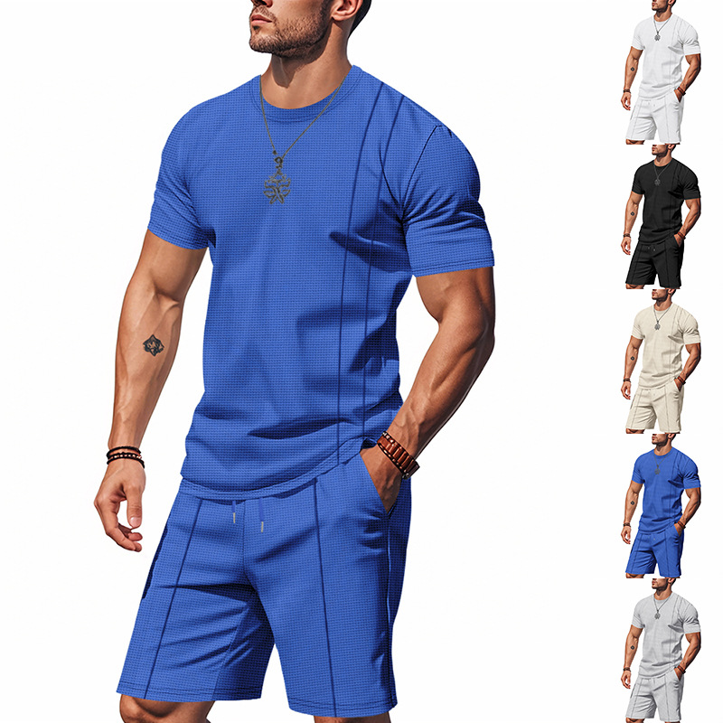 Men's Summer Casual Sports Short-Sleeved Waffle Knitted T-Shirt Set Quick-Drying Crewneck Shorts Suit Loose Fit