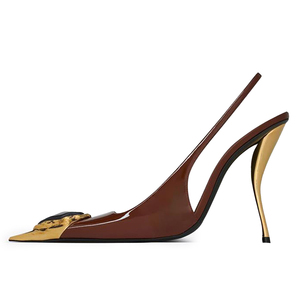 Zapatos de tacón dorados personalizados para mujer con correa trasera, tacones originales, sandalias de vestir con punta cuadrada y charol brillante - Product Image 1