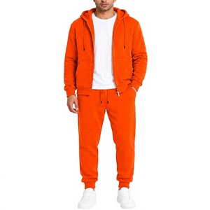 <b>Men</b> Hooded Tracksuit Solid <b>Orange</b> Full Length Zipper Closure Cotton Casual <b>Sweatshirt</b> Pants Set Autumn Wear - Product Image 1