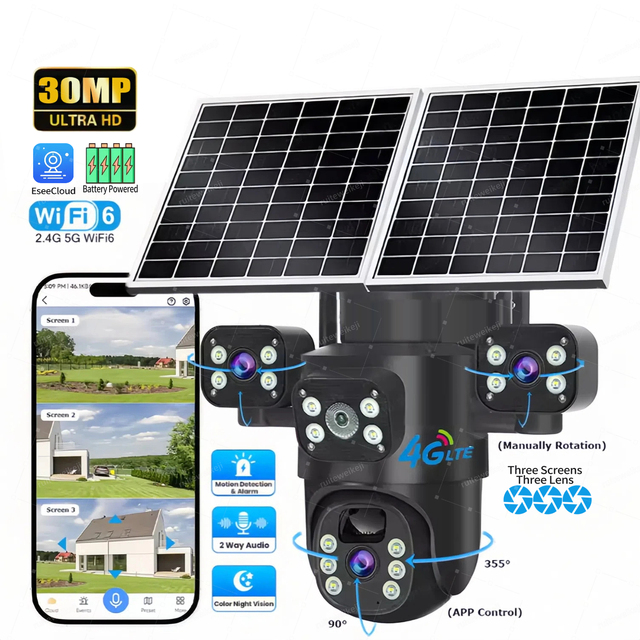 24 Hours Working AOV Real 4Lens 30MP 10K Outdoor HD 360 CCTV IP Wifi Wireless PTZ 4G Solar Surveillance Security Cameras