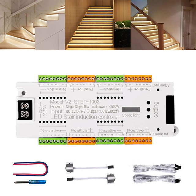 AIKEOU 32-Channel LED Stair Lights PIR Motion Sensor Controller Indoor 12V/24V Automatic Stairway Ladder Step 400W 2-Year