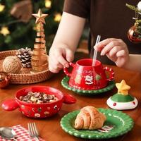 Ensemble de vaisselle en céramique de Noël, tasse de Père Noël en dessin animé avec couvercle, avec boîte cadeau exquise, pour cadeau de Noël et décoration de table de fête