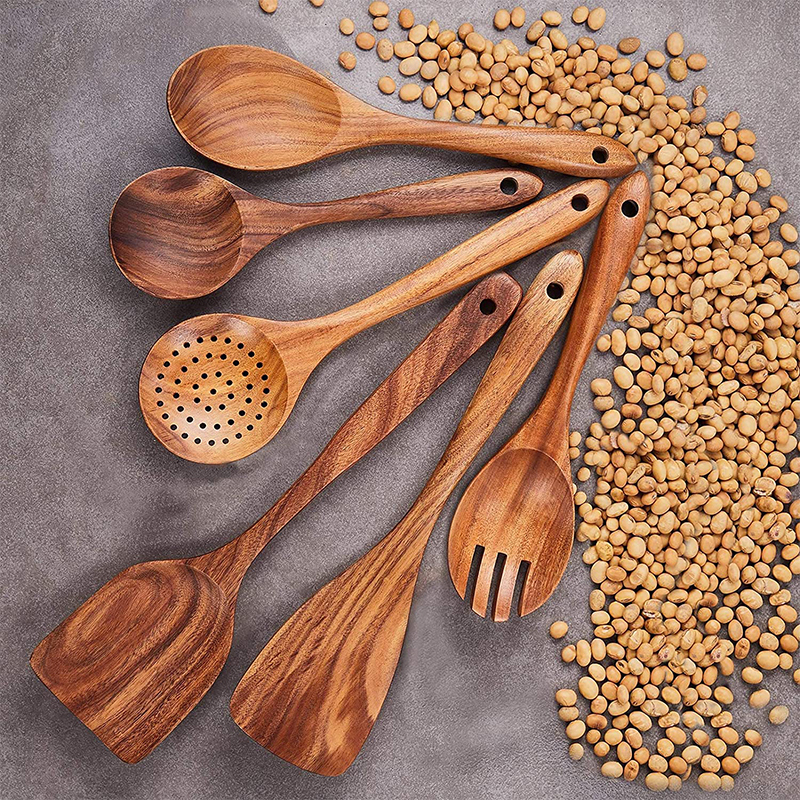 Hot Sale 9 Pcs Non Stick Kitchen Teak Wood Cook Tools Set Spoon Spatula Kitchen Acacia Wooden Cooking Utensils Set in Stock · image 2