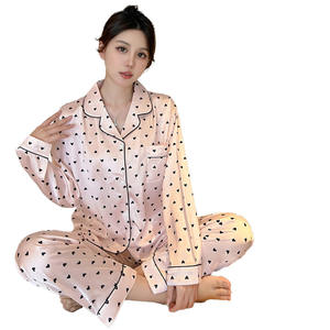 Yaz yeni buz ipek aşk uzun kollu pijama tatlı yaka hırka pantolon kore kızlar ev iki parçalı Set - Product Image 1