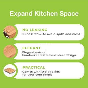 Planche à découper en bois de bambou Bloc à découper Planche à découper en bois avec plateau en acier inoxydable, attrape-jus, deux couvercles en bambou - Product Image 6
