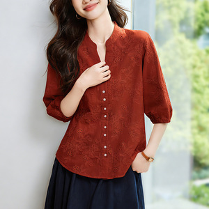 Camisa de Manga Tres Cuartos con Cuello en V y Bordado Calado para <span class=keywords><strong>Mujer</strong></span>, Nueva Colección 2026, Top Elegante y Sencillo de Algodón Puro - Product Image 2