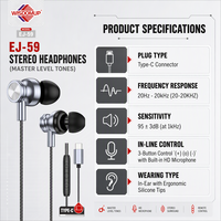 Écouteurs intra-auriculaires filaires WISDOMUP EJ-59 Type-C avec microphone, chipset JL, étanchéité IPX-5, câble de 1,2 m, pilote dynamique AAC, pour téléphone et jeux