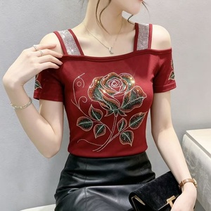 <span class=keywords><strong>Top</strong></span> verde a spalle scoperte con strass lucidi e fiori in rete, maglietta a maniche corte per discoteca, t-shirt da festa - Product Image 3