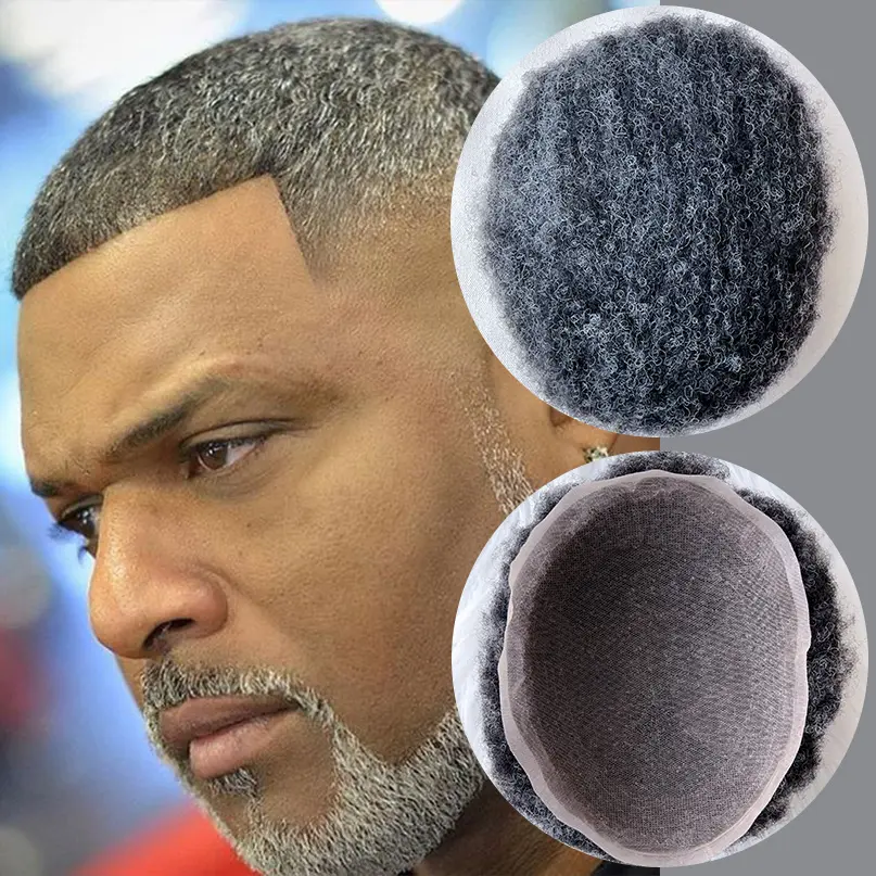 Versandfertig 8 × 10 Zoll volle Spitze 110 % Dichte afro gewellt Locken 1B30 schwarz gemischt graues Haar System Haarstücke lockiger Toupee für Männer