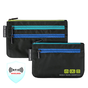 Juego de organizadores de viaje con protección RFID, 2 piezas, fundas para pasaportes, color negro con cremalleras azules y verde azulado - Product Image 3