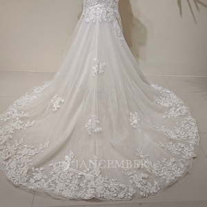LY164 Modern Elegant Sweetheart Floral Lace <b>Crystal</b> Appliques Mermaid Wedding <b>Dress</b> with Short Sleeve Chapel Train Embroidery - Product Image 5