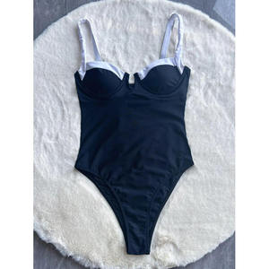 Women Black One Piece <b>Swimsuit</b> Plunge Neck Contrast Binding High Cut Stretch Knitted Beachwear - Product Image 4