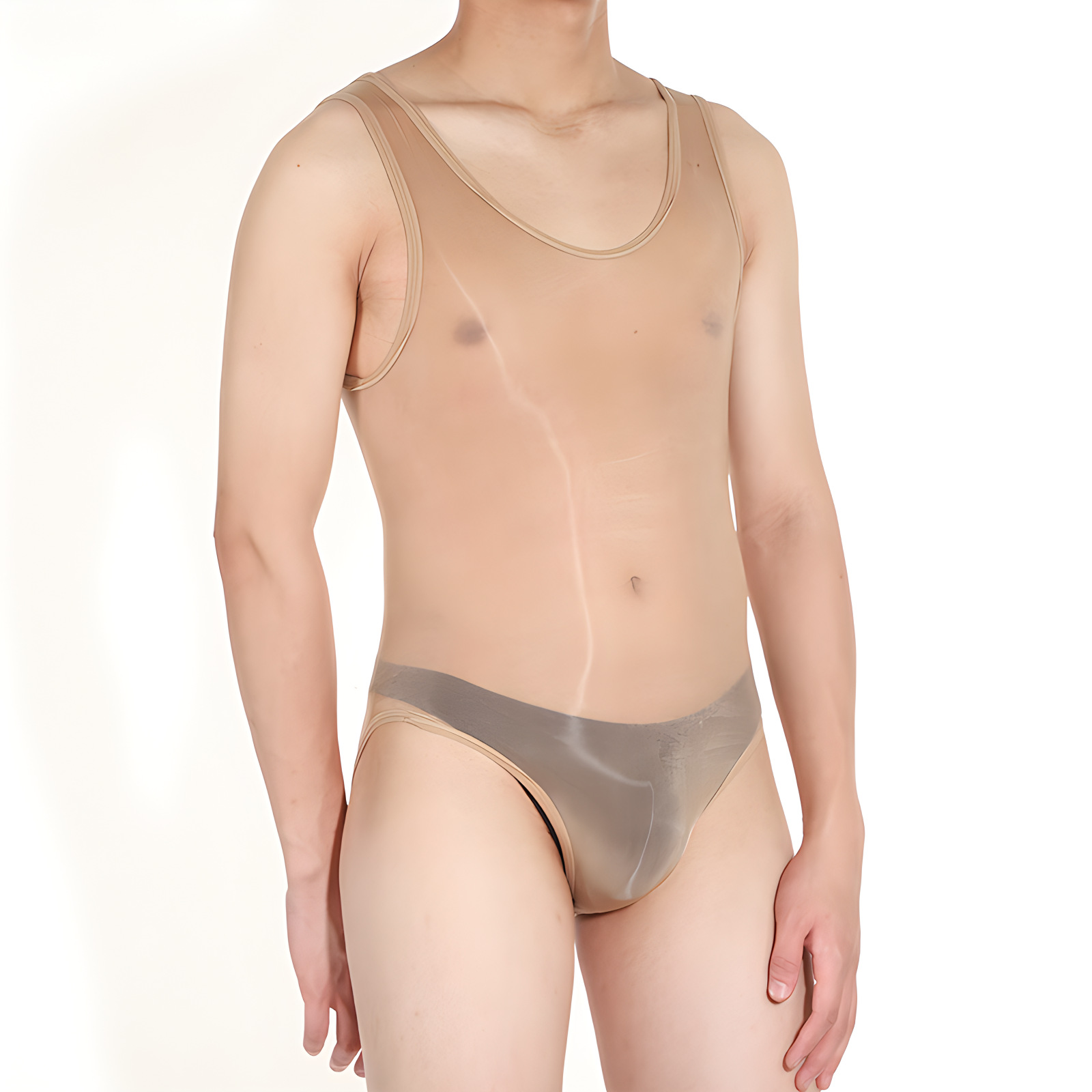 Coffee-colored [slicked-back swimsuit and glossy stockings] set