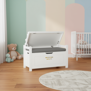 Banc de rangement en bois d'hévéa blanc pour enfants, grande boîte à jouets avec coussin, couvercle rabattable et charnière de sécurité, organisateur pour chambre d'enfant - Product Image 2