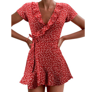 Robe d'été A-Line pour femmes Sweet Elegant Floral Ruffles V-neck Bandage Short Dress for Lady Chic Flowers Mini Dress - Product Image 4