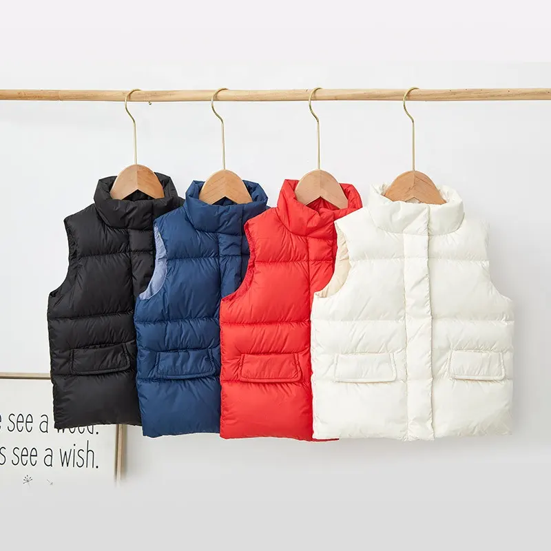 Gilet en duvet pour enfants couleur unie 90% duvet de canard blanc col montant épaissi épaule veste hiver rembourré gilet pour enfants fille garçon