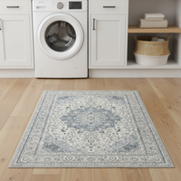 Huirong Modern Vintage Floral Runner Rugs 2x6ft Blue Low Pile Soft Polyester 1cm Thick Machine Washable for Home Corridor Use