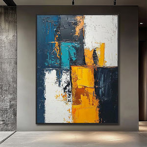 Décoration d'intérieur, peinture sur toile abstraite géométrique jaune et bleue contemporaine, faite à la main avec un <span class=keywords><strong>couteau</strong></span> à palette en <span class=keywords><strong>acrylique</strong></span> - Product Image 1