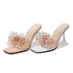 Cinderella crystal flower high heel slippers stage catwalk 9cm high heel plus size women's shoes
