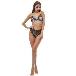 Lingerie wanita motif macan tutul renda, Set Lingerie seksi wanita motif macan tutul transparan tipis tidak ditenun dengan renda