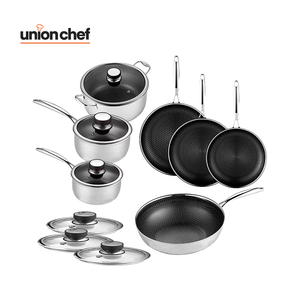 UNION CHEF Juego de utensilios de cocina de 13 piezas, sartenes de acero inoxidable de <span class=keywords><strong>3</strong></span> capas SS304, revestimiento antiadherente de cerámica grabado en forma de panal, PFOA antiadherente - Product Image 1