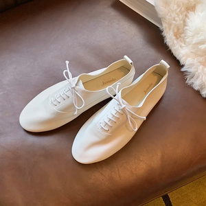 <span class=keywords><strong>Zapatos</strong></span> Planos Casuales de <span class=keywords><strong>Mujer</strong></span>, Estilo Extremadamente Simple, en Blanco y Negro, de Cuero Suave, con Cordones, Punta Redonda, Cómodos para Viajes Diarios - Product Image 4