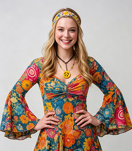 Abito Mini Floreale Anni '70 per <span class=keywords><strong>Donna</strong></span> con Maniche a Campana, <span class=keywords><strong>Costume</strong></span> Retrò con Simbolo della Pace per Festa di Halloween - Product Image 5