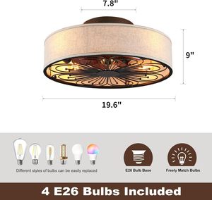 Ventilateur <span class=keywords><strong>de</strong></span> plafond DC à profil bas <span class=keywords><strong>de</strong></span> 20 pouces avec lumière, abat-jour en tissu style bohème, design en cage, E26/E27 - Product Image 4