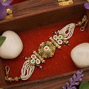 Classic Brass Gold Plated Imitation Pearl Strand Floral <b>Charm</b> <b>Bracelet</b> Women Ethnic Temple Jewellery Designer Gift - Product Image 1