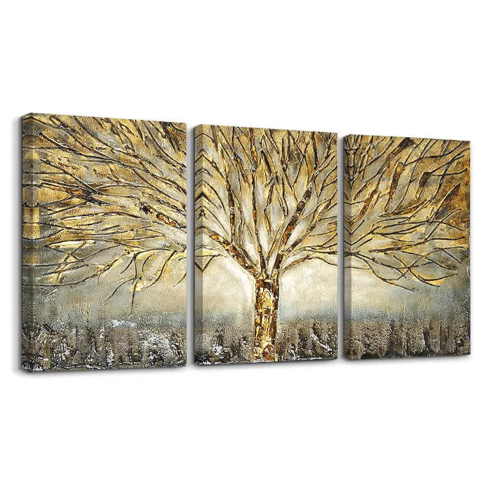 Semi astratta pittura di Paesaggio della foresta Allungato e Incorniciato D'oro albero 3 pezzi della tela di canapa di arte della parete