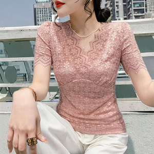 Camiseta de Punto Transpirable con Cuello Redondo y Encaje, Estilo Coreano, Corte Regular, Manga Corta, para Mujer, Primavera-Verano - Product Image 3