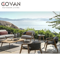 Fauteuil de salon extérieur de style scandinave, structure en teck massif, assise rembourrée résistante aux intempéries, pour jardin, hôtel, bord de piscine