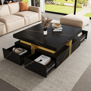 <b>Modern</b> <b>Black</b> Marble Square Storage <b>Coffee</b> <b>Table</b> with 4 Drawers Living Room Furniture - Product Image 3