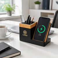 Organisateur de bureau en bambou avec chargeur sans fil, porte-stylo, support de téléphone, station de charge rapide, logo personnalisé, cadeau d'entreprise, fabriqué en Chine