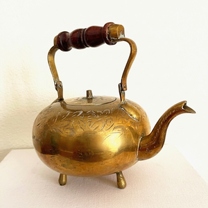 Vintage Brass Tea <b>Kettle</b> With Wooden Handle And Lid Water Pot Metal Design - Product Image 1