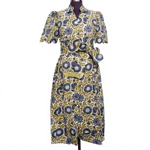 Vestido Midi de Algodón con Estampado Floral, Cuello Camisero, Manga Corta, Corte en A, Informal, para Primavera - Product Image 1